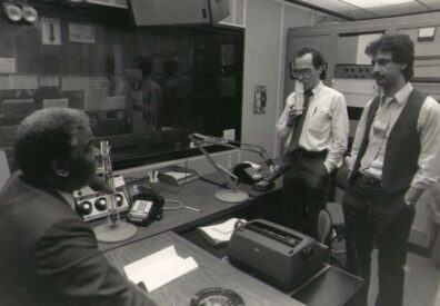 Ray Hanania, Thom Shanker and Chicago Mayor Harold Washington in studio. Photo courtesy Ray Hanania