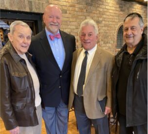 Former Congressman Bill Lipinski, Orland Fire Protection District Trustee John Brudnak, Columnist John Kass and columnist Ray Hanania at the United Business Association for Midway luncheon at Red Barrel Restaurant in Archer Heights Wednesday March 9, 2022 where Kass spoke about his leaving the Chicago Tribune and his perspective on Chicagoland and national politics. Photo courtesy Ray Hanania