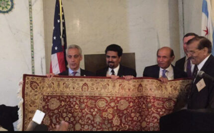 Pictured: Rahm Emanuel, Afghan activist Salman Aftab who was co-chair of the Iftar dinner, (unknown non-Arab Muslim leader) Ald. Joe Moore, and (unknown non-Arab Muslim leader). Photo courtesy of Ray Hanania for Arab News